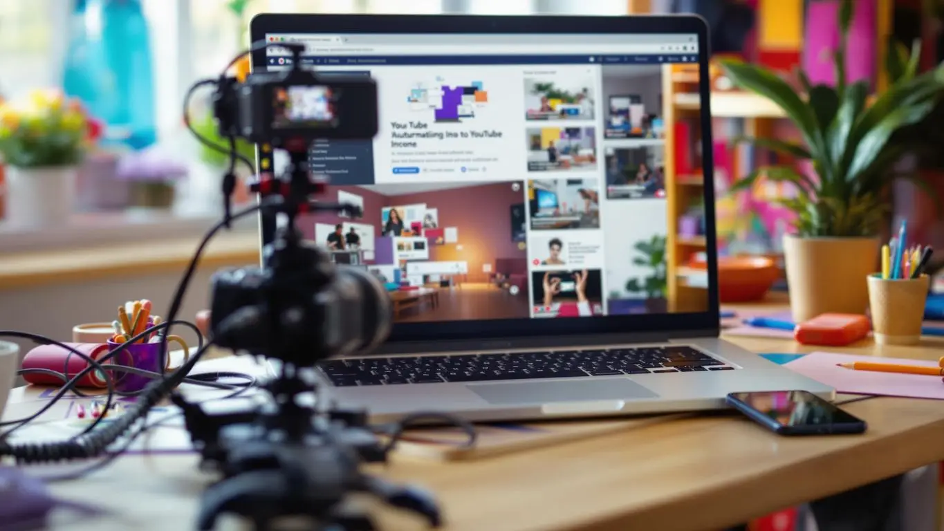 Workspace with laptop and camera for YouTube automation.