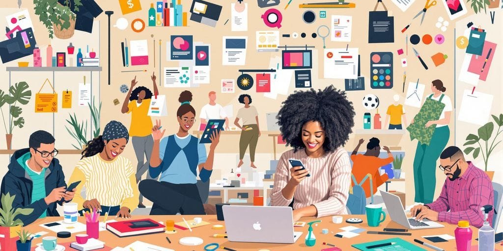 People engaged in different side hustles at a workspace.